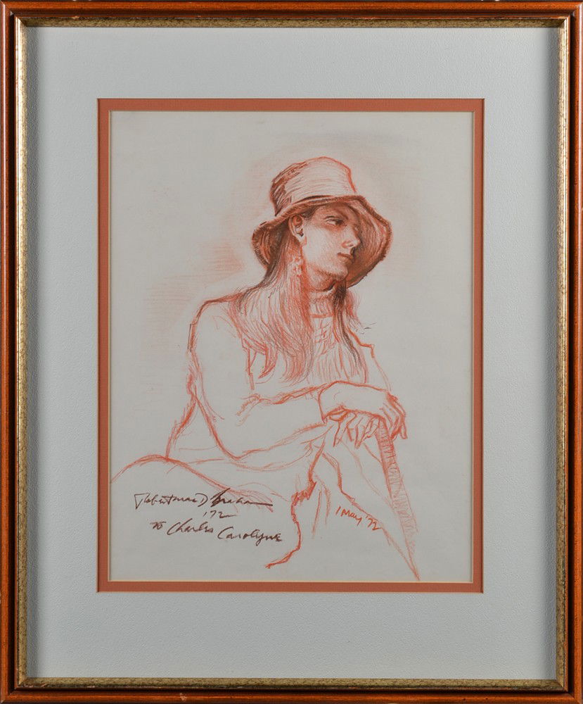 Robert Brackman, Charcoal & Conte Drawing: Depicts a portrait of a young lady in a hat. Signed Robert Brackman '72 To Charles Carolyne in LL, dated 1, May '72 in LR. Double matted and framed in a honey toned wood frame with gold gilding and be