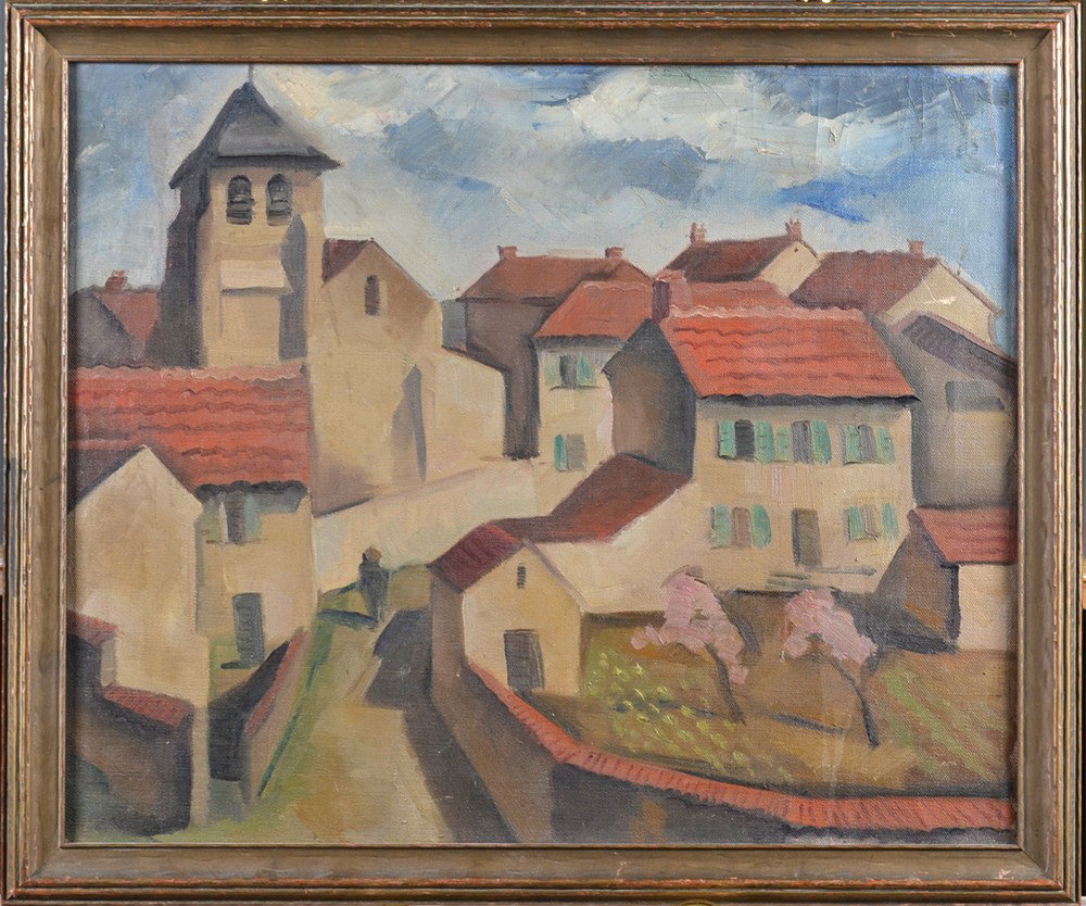 Early 20th C. Cubist Oil Painting on Canvas: Depicts a very angular cubist style European village in bold style, yet soft colors. No signature found at this time, possibly early School of Paris artist or follower. Framed in a gold tone craft sty