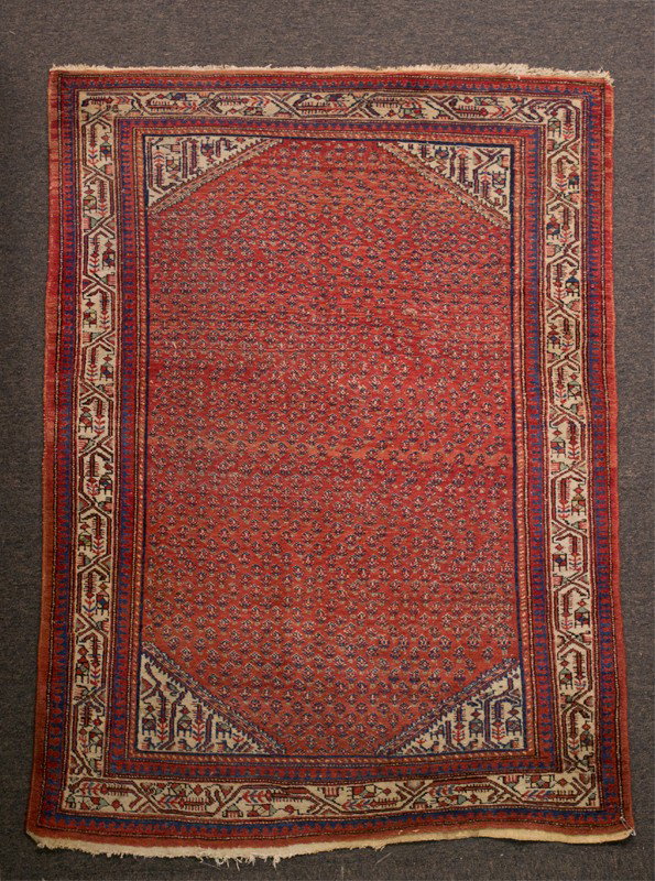 A Fine Mir Persian Area Rug: d filed with small floral diamond pattern designs, and additional colors of blue, cream, light red and brown. 53" x 81", very good condition, with minor surface grime. Private collection Oakland, MI.