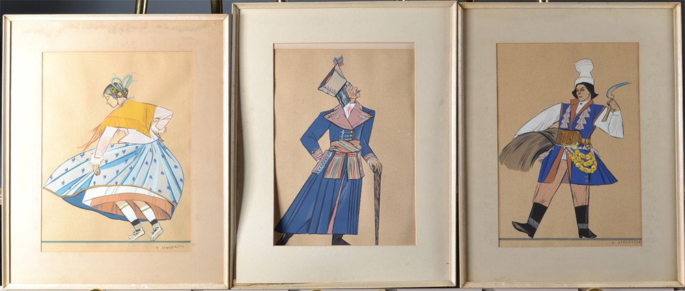 (3) Z. Stryjenska Guache Paintings: Depicting costumed figures in motion, probably stage set costums for a play. Signed LR, three are framed in light cream mat and molding, one missing glass. Slight scratch to one on paper to right of f