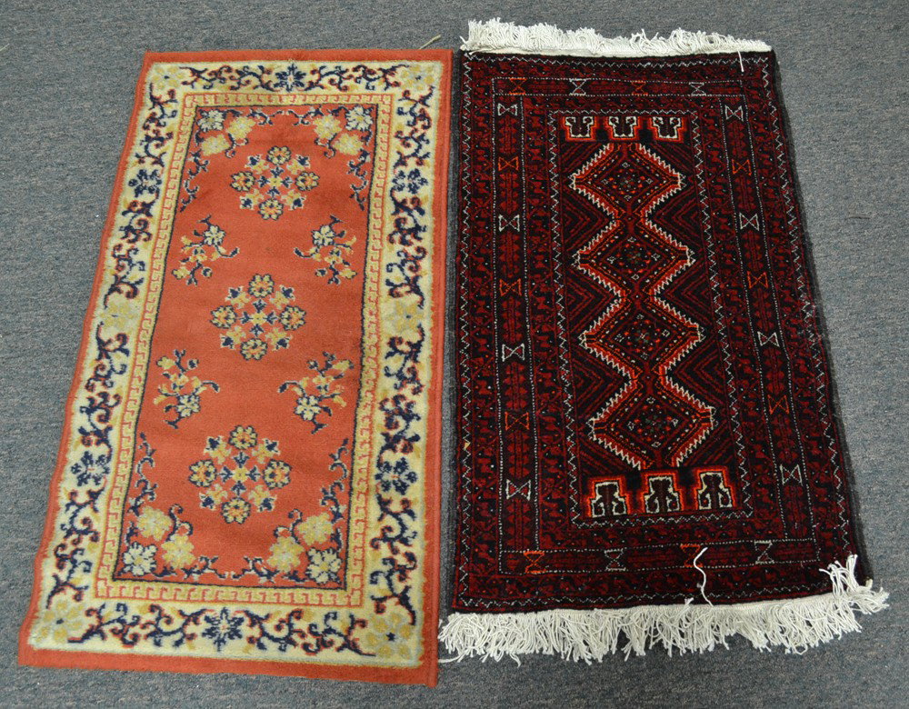 (2) Small Iranian Wool Carpets: Includes a red field and orange field. Largest 41" x 22". Mild surface staining and wear. Circa mid 20th century. Private collection Ft. Gratiot, MI.