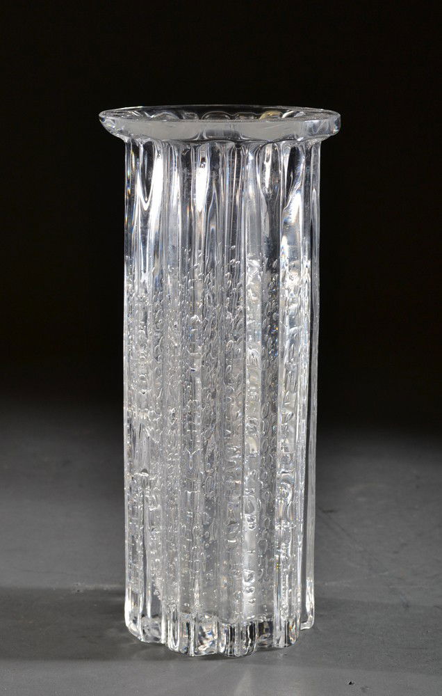 A Fine Hadeland Norway Art Glass Vase: By Willy Johansson at Hadeland Glasverk, Norway, from the "Atlantic" series. With ribbed body with many small bubbles throughout. Signed Hadeland on underside. 10.25" H. Circa 1971. Private collection