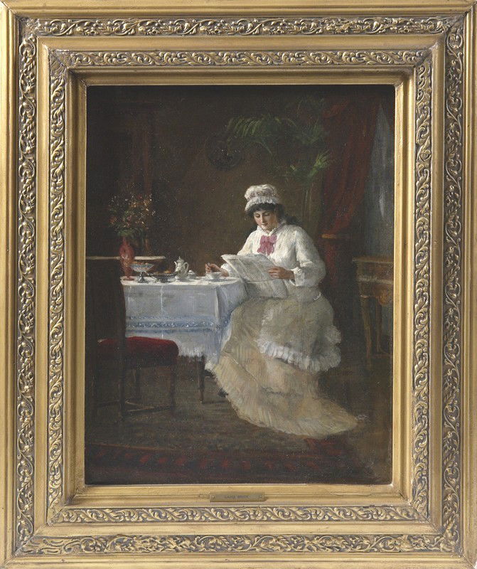 Lajos Bruck, Oil Painting on Canvas: Painted to depict a lady in her nightgown and nightcap reading the morning paper while sitting at the table stirring her coffee or tea. Signed lower right, L. Bruck. Lajos Bruck (1846-1910), Hungary,