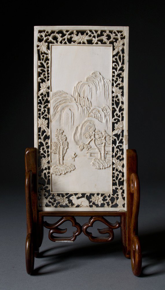 Chinese Carved Ivory Table Screen: One side depicting landscape the other side depicting a deer and a poem. 18-19th C. 3.75" x 7.75"H