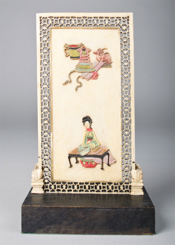 Chinese Qing Carved Polychrome Ivory Table Screen: Depicting landscapes and a lady. 7.75" H x 4.25" W, circa late 18th/early 19th century.