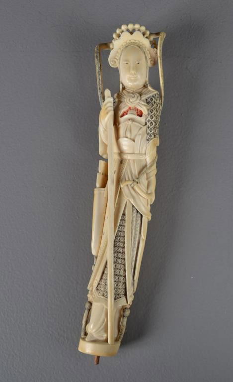 A Fine Chinese Carved Ivory Figure: Finely carved, Polychromed painted and dyed to depict a female hunter with spear, bow, and arrows, on carved and fitted rosewood stand carved to depict lotus, 11.5"H not including the stand, circa lat