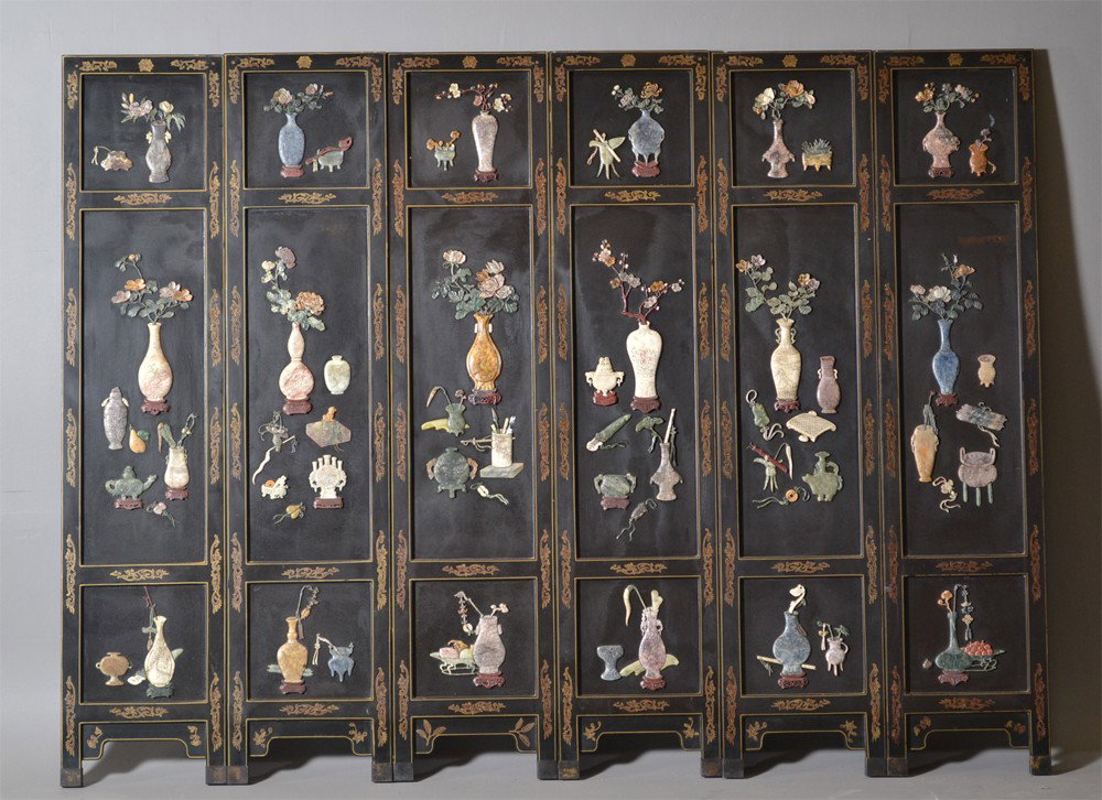 (6) Chinese Qing Jade & Soapstone Panels Signed: Six lacquer panels each inlaid with jade and soapstone depicting vases with flowers, censors, scholars objects, and precious objects the reverse of each panel duplicated in gilt on the lacquer surface