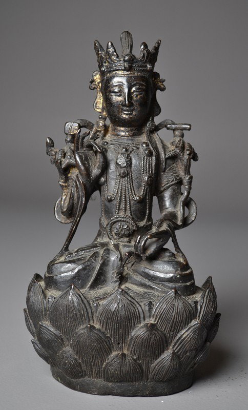 Chinese Ming Bronze Guanyin: Seating on lotus hands in Buddhist Mudra, 16th-17th C., 10.5"H.