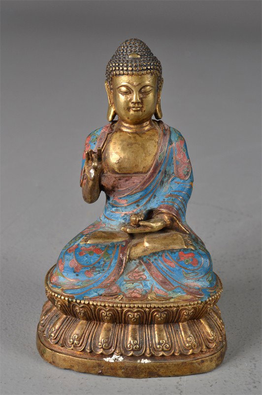 Chinese Qing Cloisonne Buddha: Buddha seated on a lotus throne in colorful garment with hands in Buddhist Mudra, circa 19th century, 7"H.