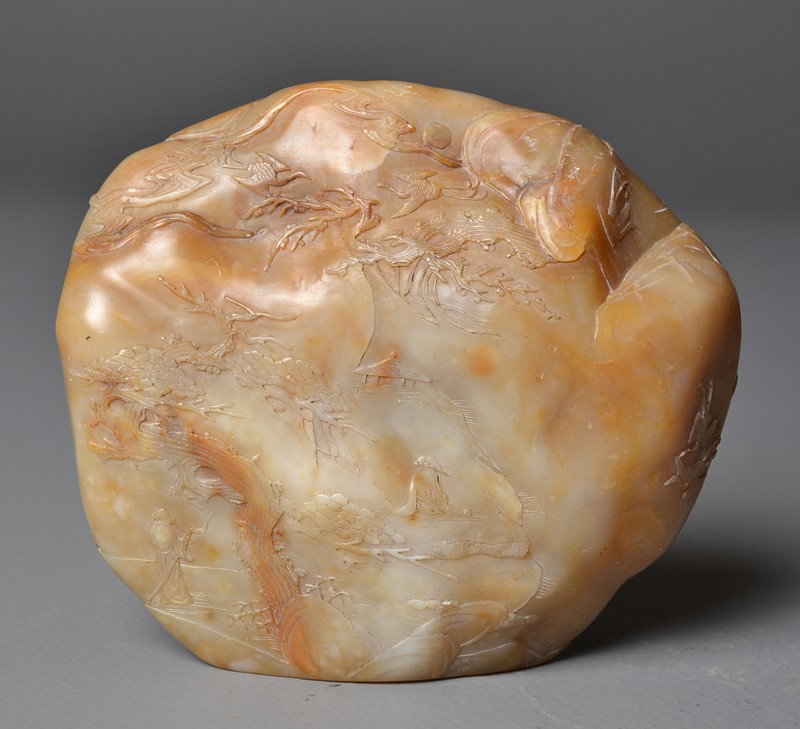 Chinese Qing Carved Soapstone Mountain: Finely carved to depict figures within a landscape 5.25"W X 4.5"H, Circa 19th century.