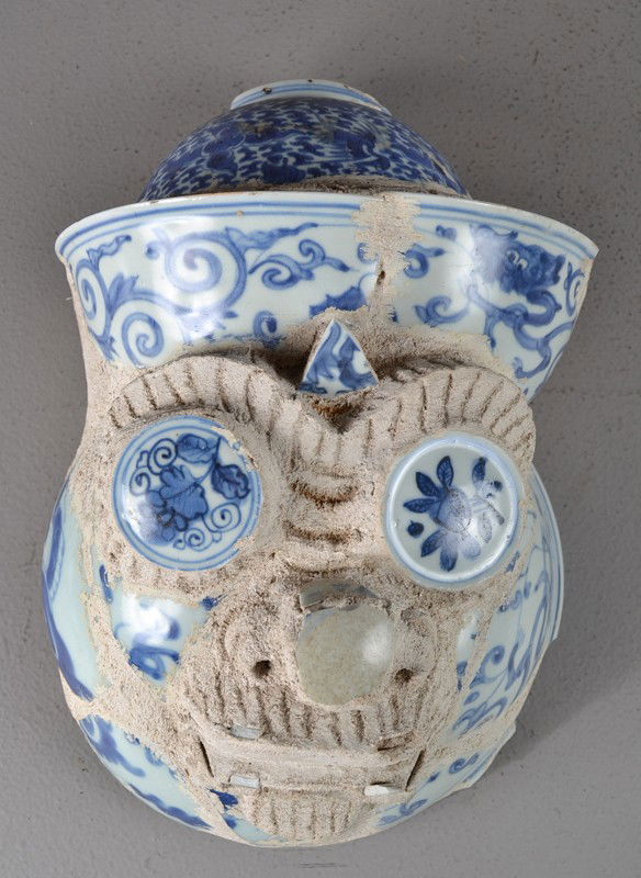 Thai Guardian Head From Wat Phra Ram: At Ayutlhaya, the stucco head inlaid with authentic shards of blue and white Ming Dynasty porcelain. The entire Wat was made in this manner, ancient Bangkok period, 14"H.