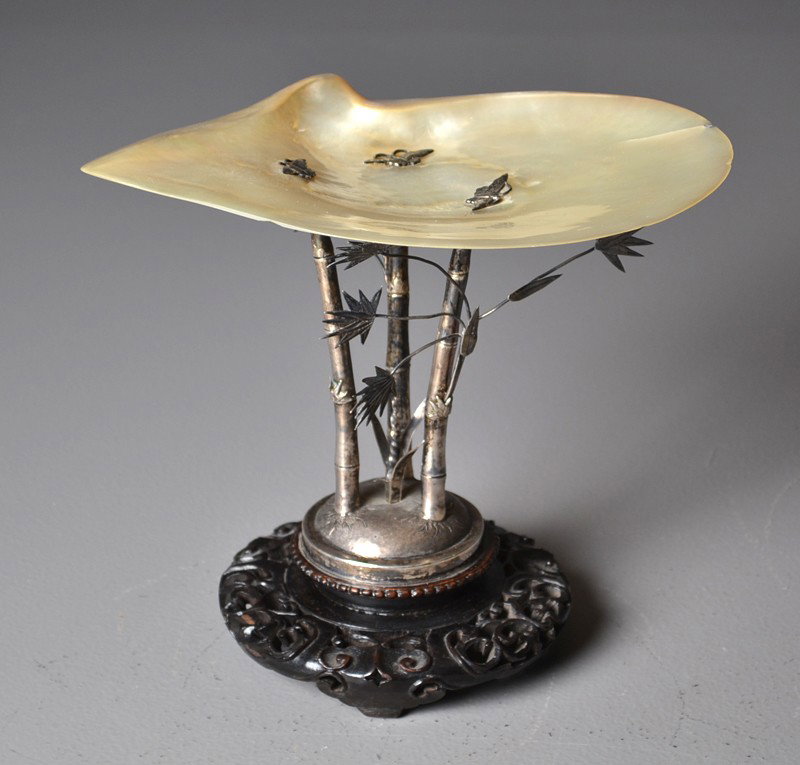 Chinese Mother of Pearl& Silver Tray: With silver stand raised on wood stand marked "Shang, MC .85", Shang MC known to work in Canton around 1830 and later, 8"H.