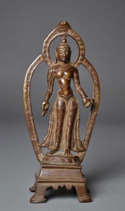 South Indian Antique Bronze Figure: Depicting a standing Goddess, 11.75"H.