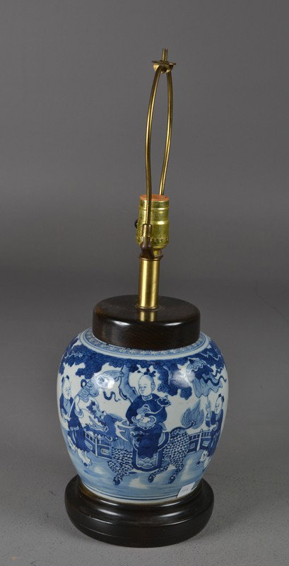 Chinese Qing Blue & White Jar Lamp: Depicting Qilin Sang Zi, 20.5"H overall.