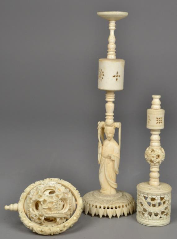 Chinese Qing Ivory Puzzle Ball Pieces: To include (1) stand, (1) ball, and (1) stand piece carved to depict dragons and figures, tallest is 10" H, circa late 19th/early 20th century. Private collection Oxford MI.