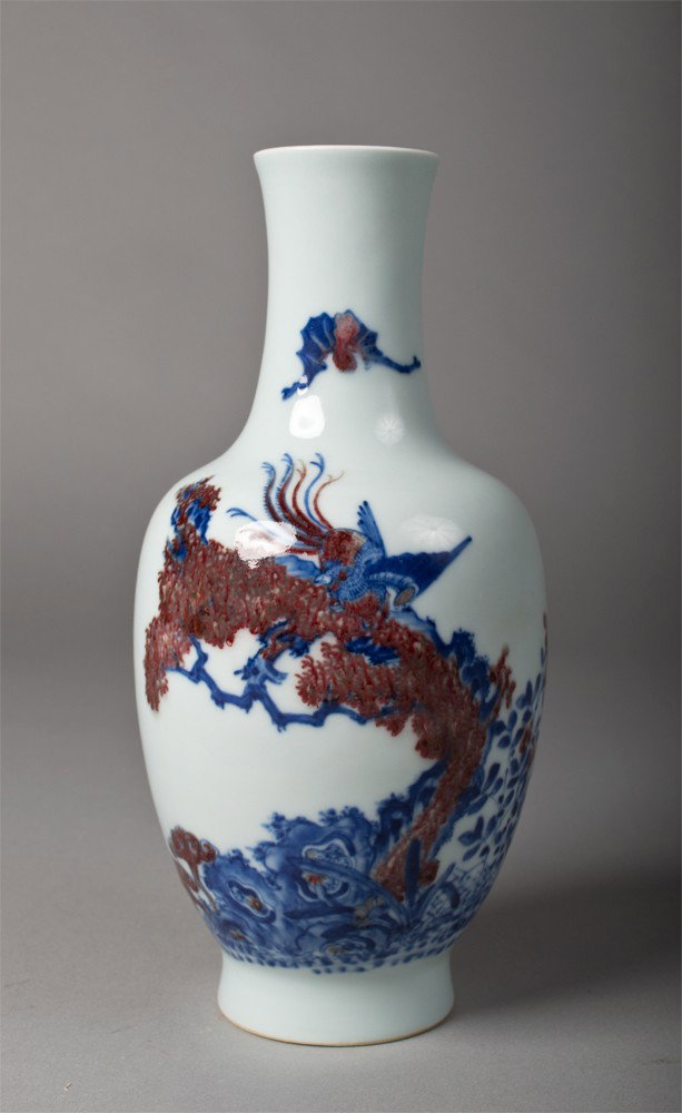 Chinese Republic Period Blue & Iron Red Porcelain: Depicting phoenix and bats six character marked. 9"H