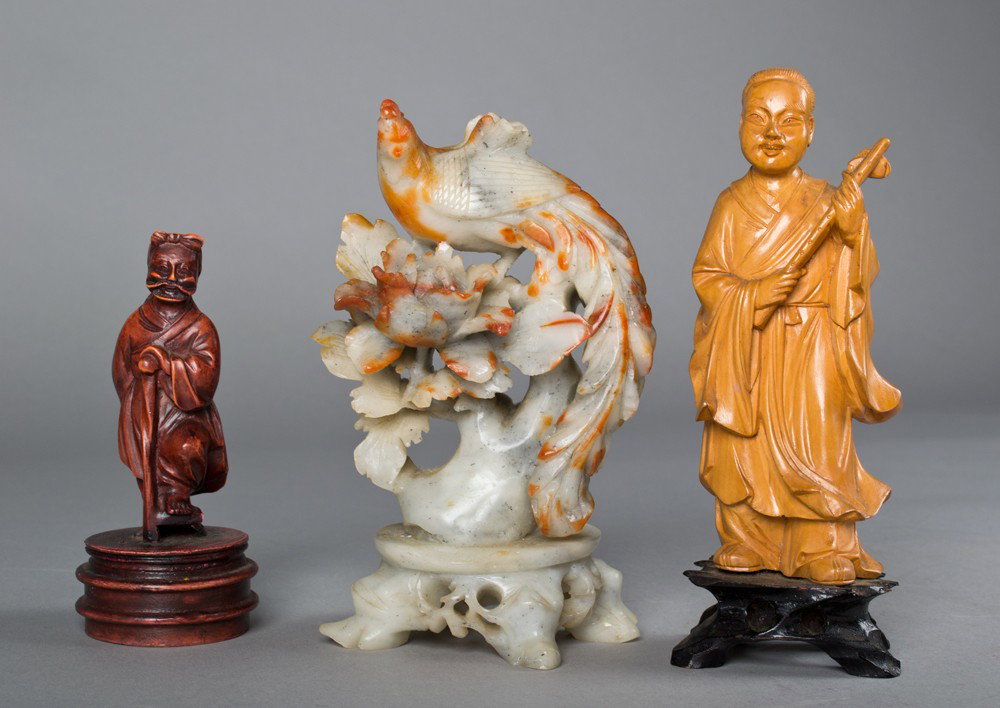 (3) Chinese Carvings including Cultural Revolution: Includes a carved soapstone rooster atop foliage, a carved wood cultural revolution figure of a little girl on stand and a small composition figure on stand. Tallest 7" H, circa early 20th century.