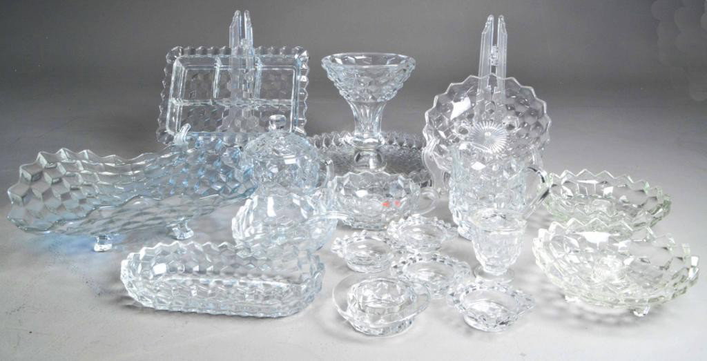 (19) PCS. FOSTORIA 'AMERICAN' GLASSWARE: To include: 10" w x 7.5" cake stand, 6" w. candleholders, 4" w. D-handle candleholder, 7" w. candy dish, cream & sugar, 4 salt cellars, mustard container, olive dish, pickle dish, 6." x 9" condiment t