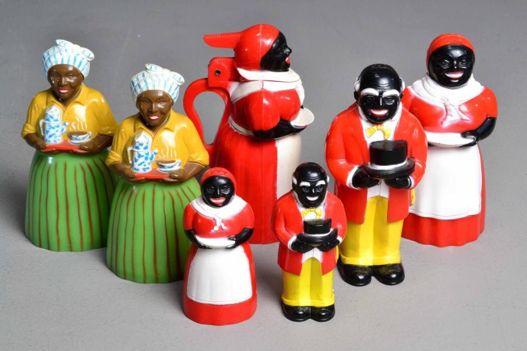 (7) PC. AUNT JEMIMA F&F PLASTIC S/P, SYRUP PIECES: To include (1) red plastic painted F&F Jamima syrup, (1) 5.5" red plastic painted S/P Jamima/Moses set, (1) 3.5" red plastic painted S/P Jamima/Moses set, (1) 5.5" green painted plastic Mammy S/P set.