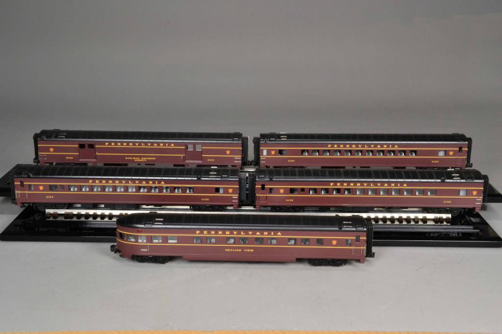 (5) M.T.H. FIVE CAR TRAIN SET - 70' SCALE: Including 5-set 1 baggage, 3 coaches, Vista Domes or sleepers and 1 observation car, painted maroon with yellow lettering and red logo, operates on O-42 curves, die-cast overhead interior lamps, each 