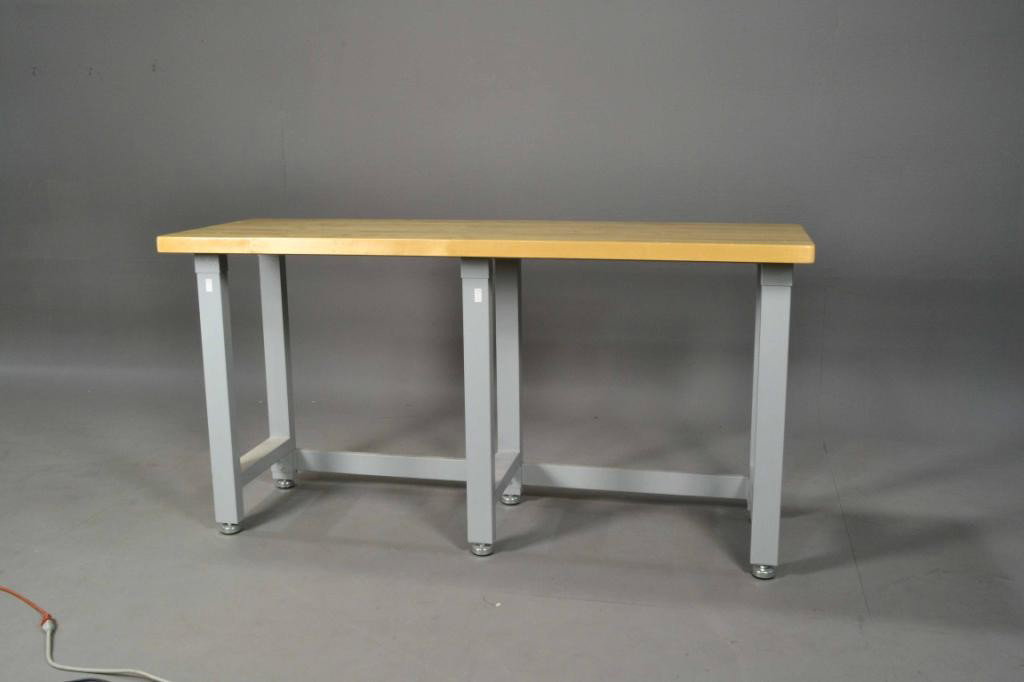 (2) BLOCKWOOD & METAL LOADING TABLES: Slab top and metal base used as loading tables, one measures 38"H X 7.75"L X 25"D, the other 37.75"H X 71.5"L X 25"D circa 20th century.