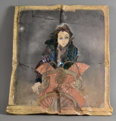 RAKU FIRED CERAMIC PLAQUE - WOMAN ON BIKE: Contemporary decorative art wall plaque, made by Japanese technique of Raku, depicting woman riding a bicycle, poetry scribed around edge, iridescent glazes, signature illegible, 23" H x 24" W x 1" De