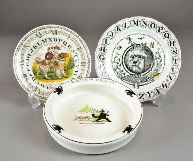 (3) PCS. CHILDREN'S PLATES AND BOWL: Including antique "Felix the Cat" dinner bowl, marked on bottom 'The Wellsville China Co.,' 7.75" diameter; children's clock polychromed transferware plate, marked and signed on bottom, Gladden, R.# 2