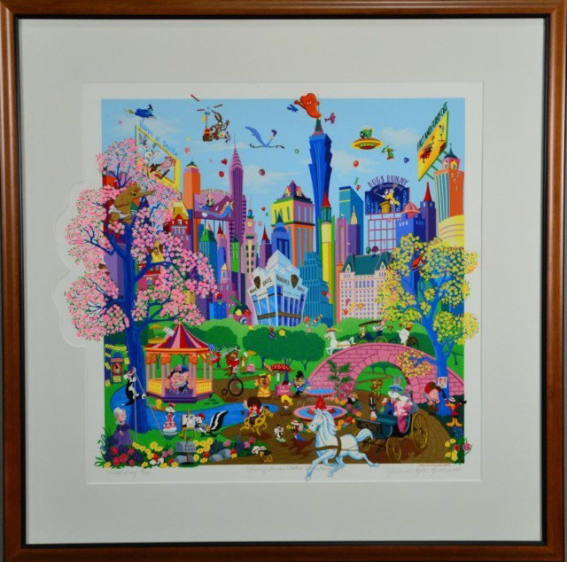 MELANIE T KENT LOONEY TUNES SERIGRAPH: Depiction of Warner Brothers, Looney Tunes cartoon characters: Bugs Bunny, Road Runner, Porky Pig, Tasmanian Devil, Pepe Lapue, Sylvester the Cat, etc., in a colorful New York setting, signed LR in pe