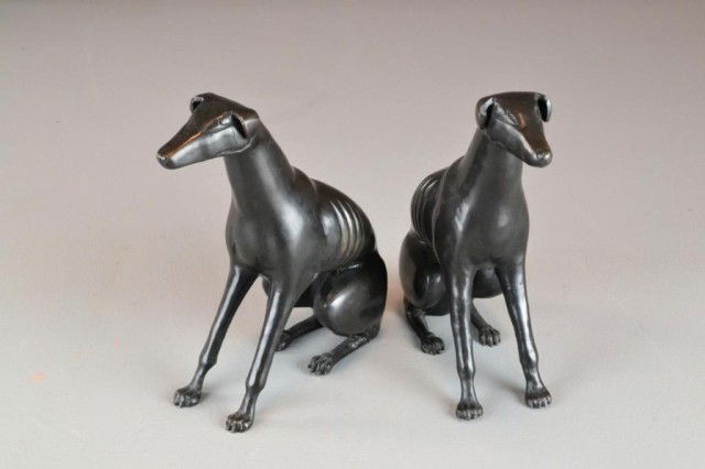 PR. BRONZE MODELS OF WHIPPETS: Finely cast in the seated position, unsigned, 8.7" H, circa early to mid 20th century. Private collection Grosse Pointe, Mi
