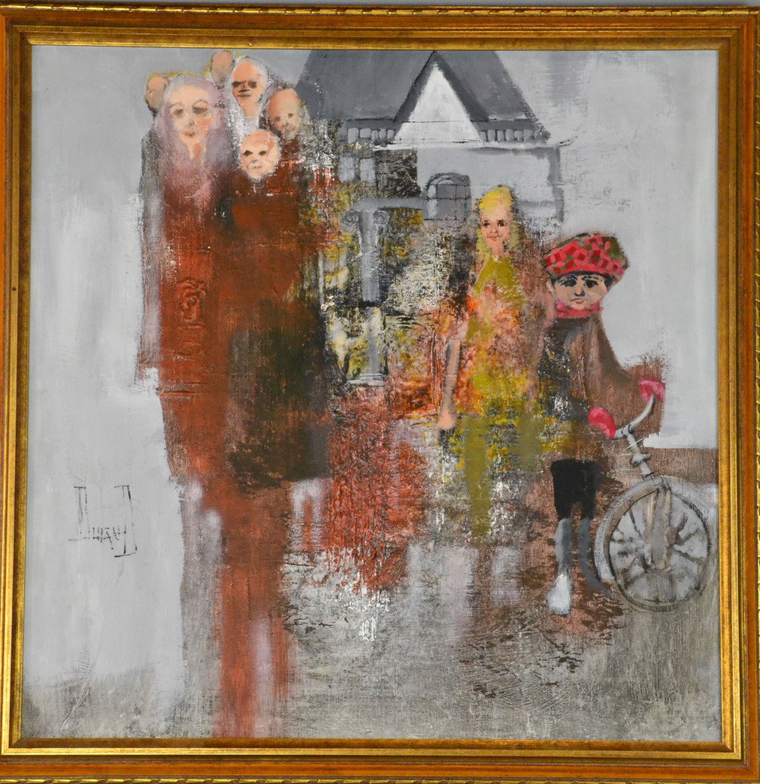 ACRYLIC PAINTING BY JOEL DURAND ON BOARD: Figurative group by contemporary Seattle artist, 23.25" x 23.25", framed 25" x 25". Private Collection New Boston, MI.