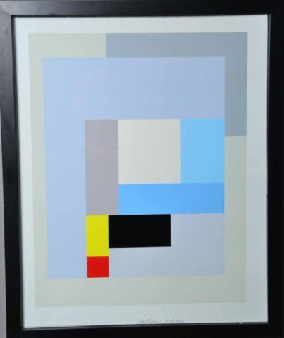 Ben Nicholson Serigraph On Paper: Serigraph in blues and grays signed in pencil and titled center bottom "Battau" Ben Nicholson (1894-1982) was an English artist known for his cubist paintings, appears to be titled and signed lower ce
