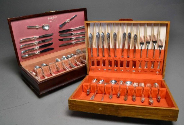 (108) PIECES (2) BOXES OF SILVERWARE: (51) piece Rogers silverplated silverware in box, also (57) "South Seas" in Community stainless steel in box, circa 1940's-50's. Private collection Ortonville, Mi.