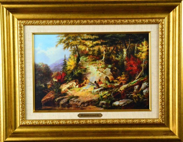 CORNELIUS KRIEGHOFF LITHOGRAPH ON BOARD: Depicing indians in a canoe within a wooded landscape by Cornelius Kriegoff (1815-1872). 8"H X 10"W sight. 18" H X 16.5" W Frame, Private collection Niagra Falls Canada.