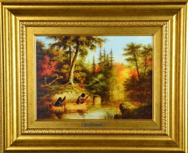 CORNELIUS KRIEGHOFF LITHOGRAPH: Depiction of Indians in a canoe hunting, with landscape. Lithograph by Cornelius Krieghoff (1815-1872) 9.5" H x 13.5" W sight, 18" H x 22.5" W. Private collection Niagra Falls, Canada.