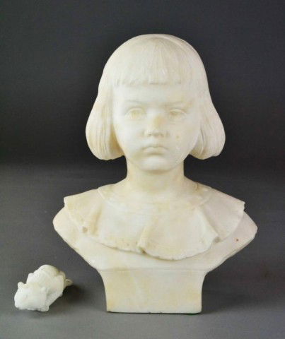 (2) ALABASTER BUST OF A GIRL AND A TIGER: Including an alabaster bust of a girl with a page boy hair style, and a laced frilled collar. Also to include a alabaster small cat in a prowling position. Bust of girl 11" H x 9.5" W x 4.5" D. Circa