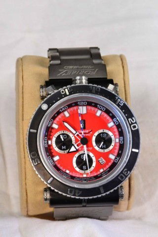 FORMEX 4-SPEED DS 2000 MEN'S WATCH: Sturdy Swiss made chronograph, steel titanium case, WR 30 ATM, brushed stainless titanium band, 20009, 8172; red face with luminous hands and markers, excellent condition. Private collection Metamora,