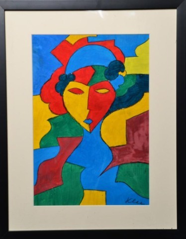 SIGNED KLEE, GOUACHE ON HEAVY PAPER: Cubist portrait of a woman. Signed LR by Paul Klee, important Swiss artist (1879-1940) 14" H x 9" W sight, 19" H x 15.25" W frame. Private collection Clinton Twp. Mi.