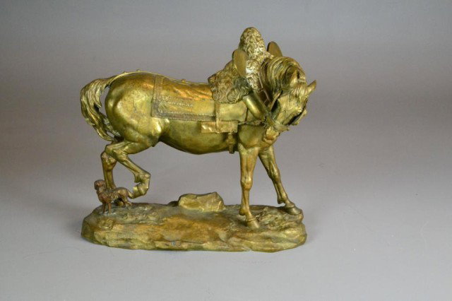 Jean Francois Theodore Gechter Gilt Bronze Sculpture: Striking sculpture by Jean Francois Theodore Gechter (1796-1844), France; known for horse sculpture; title "Cheval de Trait", elaborate decoration on collar, mounted on base with small setter beneath 