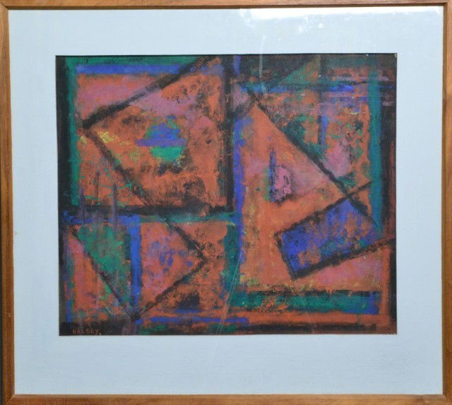 SIGNED HALSEY GOUACHE ON BOARD: Cubist composition, signed LL by William Melton Halsey, (1915-1999) South Carolina, American cubist painter. 14.5" H x 17.5" W sight, 21.5" H x 23.5" W frame. Private collection Clinton Twp. MI.