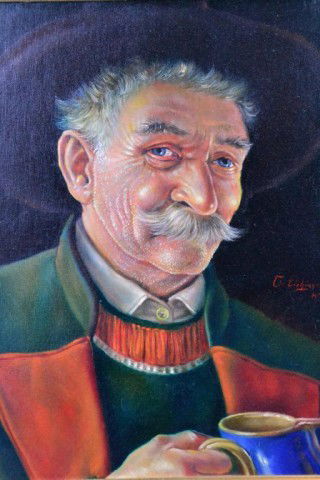 OTTO EICHINGER OIL ON BOARD: fine portrait of a moustached man in Austrian peasant costume. signed right center, Otto Eichinger (1922-2004) Austrian artist known for his paintings. 14" H x 18" W sight. 26" H x 22" W frame. privat