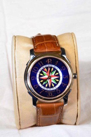 PERRELET 'JAMES COOK, CAPE HORN' #254: Beautiful unique Swiss made limited edition men's watch with multi-colored compass design on face surrounded with cobalt blue background beneath gold arabic numerals, being #254/333, brown alligator b