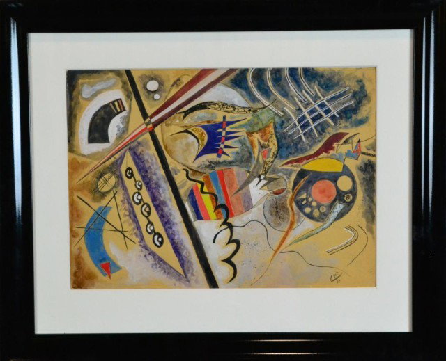 WASSILY KANDINSKY OIL ON BOARD: Sophisticated multi colored abstract painting. Signed LR (19)30 by Wassily Kandinsky (1866-1944) Russian artist, active in Paris, known for his abstract and non-objective painting. 11.25" H x 15.75" W