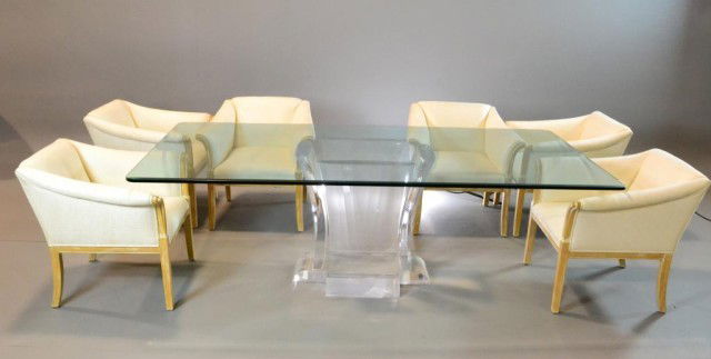 (7)Glass-topped Dining Table, Lucite Stand & Chairs: Very nice contemporary dining set consisting of thick glass-topped table with heavy lucite stand along with six very nice dining chairs upholstered with Greek Key design woven into cream-colored fabri