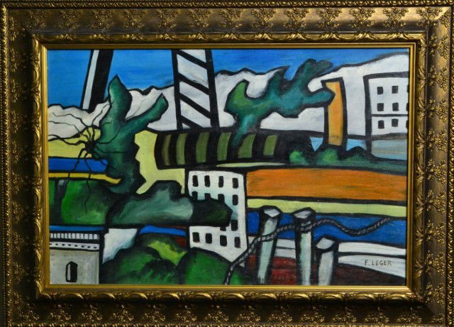 SIGNED F. LEGER OIL ON PANEL: Cubist landscape with buildings. Signed LR by Fernand Leger, (1881-1955) important French cubist artist. 20" H x 30" W sight, 28" H x 38" W frame. Private collection Clinton Twp., Mi.