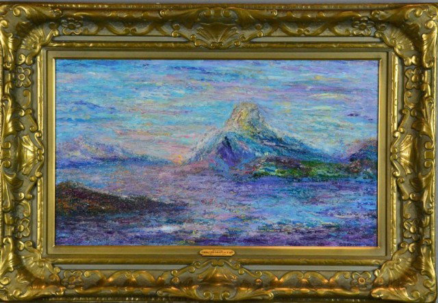 SIGNED WALTER GRIFFIN OIL PAINTING: Impressionistic style painting titled "Norway," depicting sunset with ocean foreground, mountain background. Signed LR. Walter Parson Shaw ( 1861-1935) American artist, born in Maine, studied in Franc