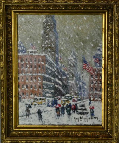 Guy Carleton Wiggins Oil Painting On Board: Depicting the Empire State building during a blizzard with figures, and American flags. Guy Carleton Wiggins (1883-1962) was a New York artist, best known for his New York street scenes during snow bl
