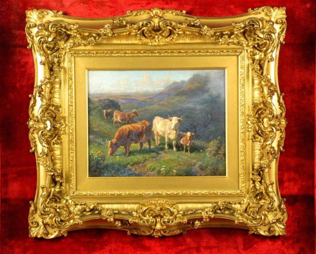 WILLIAM PETER WATSON OIL ON CANVAS: Depicting Highland Cattle, signed and dated lower right 1904 William Peter Watson (1883-1932) British artist known for his painting, framed in an exceptional giltwood, with scrolling vines, and Fleur 