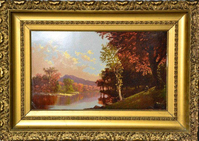 AMERICAN SCHOOL OIL PAINTING ON BOARD: Oil painting on Academy Board, 19th century, 15" X 9" sight, framed 18" x 22", possibly Hudson River School. Private collection Oxford MI.