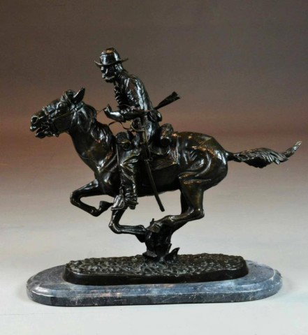 After Frederic Remington Bronze Sculpture: Finely cast bronze titled " The Trooper Of The Plains" Frederic Sackrider Remington 1861-1909 was a New York artist known for his Western paintings ans sculptures. 18.5" H not including base. Circa 19