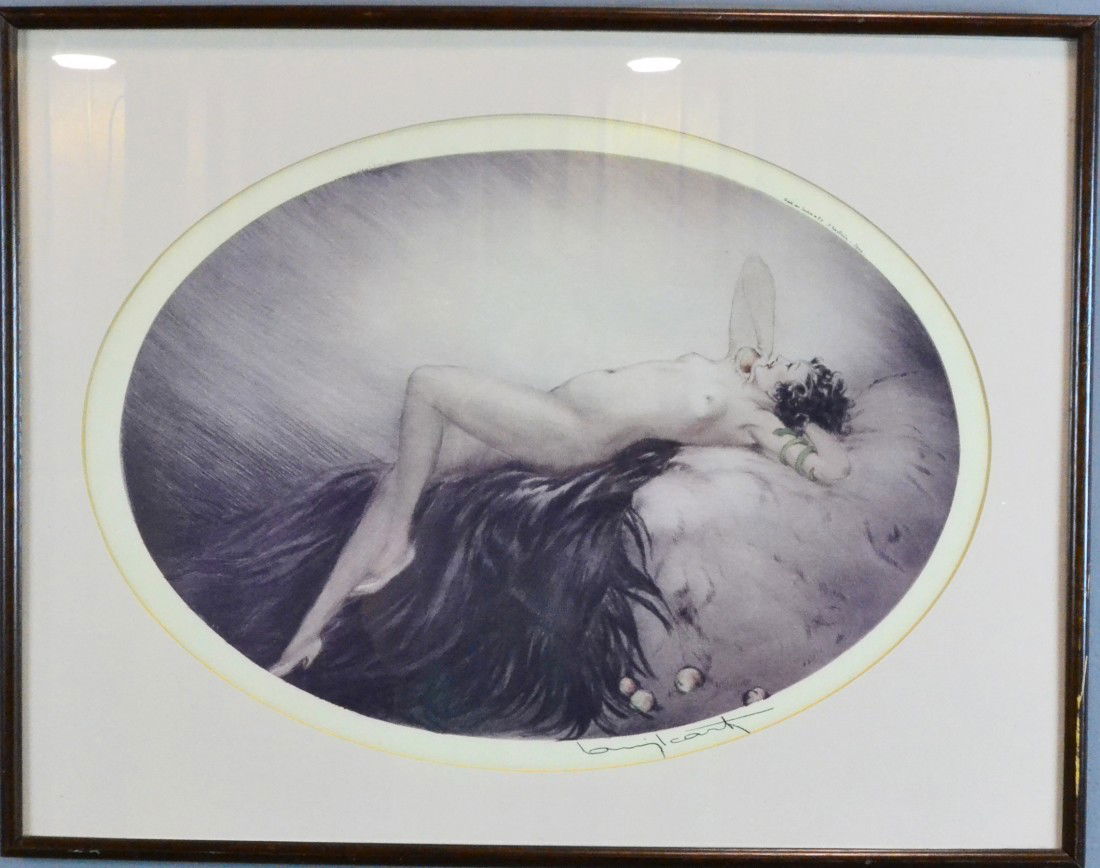 Louis Icart Print On Paper: Depicting a reclining nude pn feather with apples, in oval form, printed in Paris, signed in pencil, and dated 1928, H 14.5" x W 20" sight, H 19.5" x W 24.75" Private collection Madison Heights Mi.